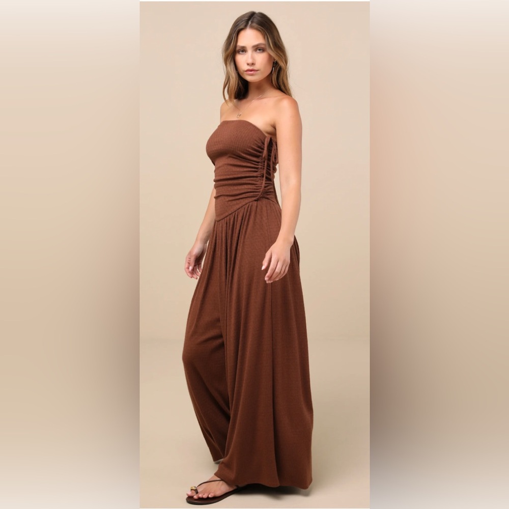 Lulus Halloran Chocolate Brown Pointelle Strapless Wide-leg Jumpsuit - Size S - Picture 2 of 3